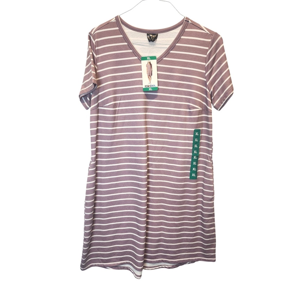 32 Degrees Cool Womens XL Purple White Striped V-Neck Short Sleeve Dress NWT - Picture 1 of 8